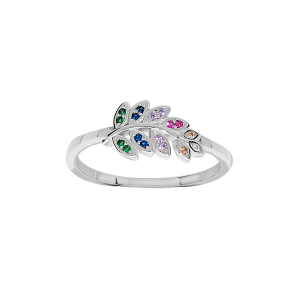 BAGUE ARGENT RHODIÉ FEUILLE OXYDES MULTICOULEURS