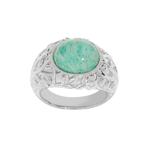 BAGUE ARGENT RHODIÉ FEUILLAGE SCULPTÉ CABOCHON AMAZONITE VÉRITABLE