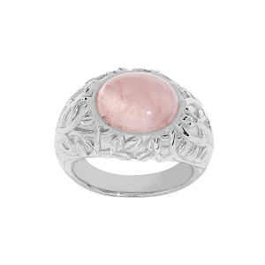 BAGUE ARGENT RHODIÉ FEUILLAGE SCULPTÉ CABOCHON QUARTZ VÉRITABLE