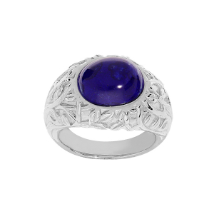 BAGUE ARGENT RHODIÉ FEUILLAGE SCULPTÉ CABOCHON LAPIS LAZULI VÉRITABLE