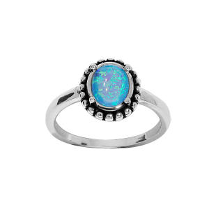 BAGUE ARGENT RHODIÉ OPALE BLEUE IMITATION ENTOURAGE PICOT PATINÉ