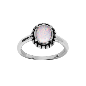 BAGUE ARGENT RHODIÉ OPALE BLANCHE IMITATION ENTOURAGE PICOT PATINÉ