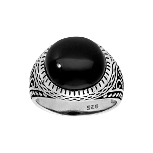 BAGUE ARGENT PATINÉ CABOCHON ONYX VÉRITABLE