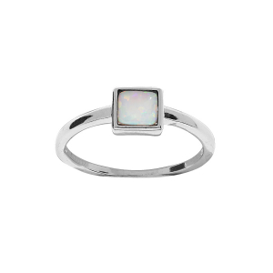BAGUE ARGENT RHODIÉ OPALE BLANCHE IMITATION FORME CARRÉ