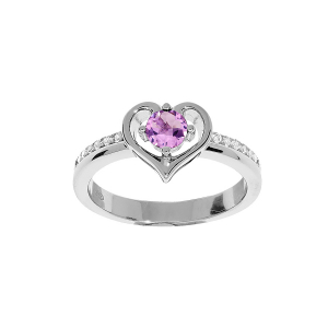 BAGUE ARGENT RHODIÉ COEUR AMETHYSTE VERITABLE ET OXYDES BLANCS SERTIS
