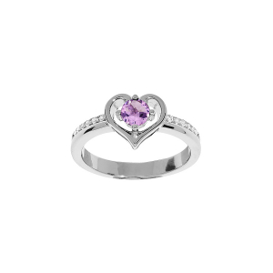 BAGUE ARGENT RHODIÉ COEUR AMETHYSTE VERITABLE ET OXYDES BLANCS SERTIS