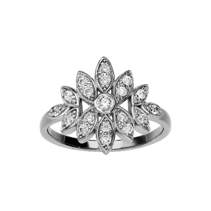 BAGUE ARGENT RHODIÉ FLEUR OXYDES BLANCS SERTIS