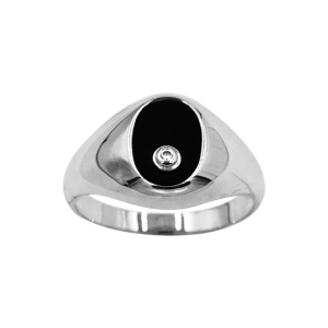 CHEVALIERE ARGENT RHODIÉ PETITE OVALE 10X7 CALCÉDOINE NOIRE AVEC 1 OXYDE BLANC SERTI