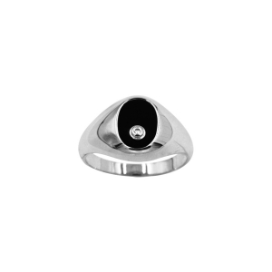 CHEVALIERE ARGENT RHODIÉ PETITE OVALE 10X7 CALCÉDOINE NOIRE AVEC 1 OXYDE BLANC SERTI