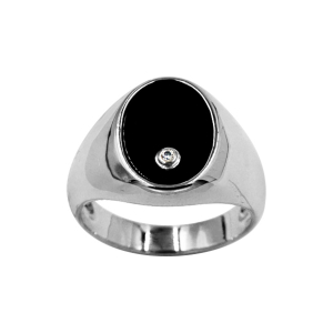 CHEVALIERE ARGENT RHODIÉ MOYENNE OVALE 14X10 CALCÉDOINE NOIRE AVEC 1 OXYDE BLANC SERTI