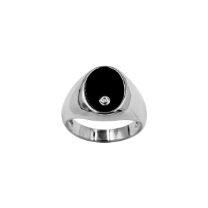 CHEVALIERE ARGENT RHODIÉ MOYENNE OVALE 14X10 CALCÉDOINE NOIRE AVEC 1 OXYDE BLANC SERTI