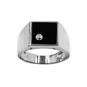 CHEVALIERE ARGENT RHODIÉ CARRÉ 10X10 CALCÉDOINE NOIRE AVEC 1 OXYDE BLANC SERTI