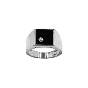 CHEVALIERE ARGENT RHODIÉ CARRÉ 10X10 CALCÉDOINE NOIRE AVEC 1 OXYDE BLANC SERTI