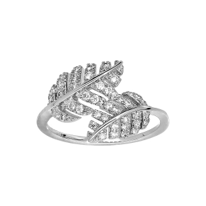 BAGUE ARGENT RHODIÉ FEUILLAGE CROISÉ OXYDES BLANCS SERTIS