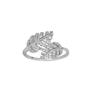 BAGUE ARGENT RHODIÉ FEUILLAGE CROISÉ OXYDES BLANCS SERTIS