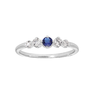 BAGUE ARGENT RHODIÉ 4 OXYDES BLANCS SERTIS ET 1 CENTRE BLEU FONCÉ