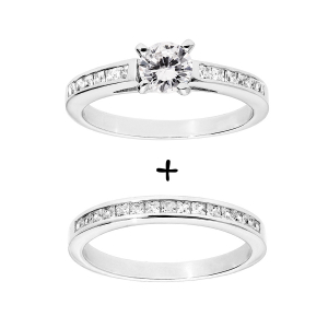 BAGUE ARGENT RHODIÉ DOUBLE ANNEAU RAIL OXYDES BLANCS AVEC 1 SOLITAIRE BLANC