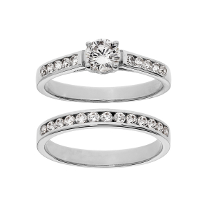 BAGUE ARGENT RHODIÉ GRAND DIAMETRE DOUBLE ANNEAU RAIL PIERRES BLANCHES AVEC 1 SOLITAIRE BLANC