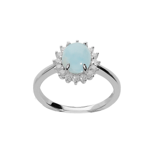 BAGUE ARGENT RHODIÉ PIERRE LARIMAR BLEU VÉRITABLE ET OXYDES BLANCS SERTIS