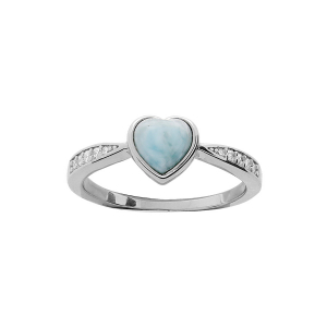 BAGUE ARGENT RHODIÉ COEUR PIERRE LARIMAR BLEU VÉRITABLE ET OXYDES BLANCS SERTIS