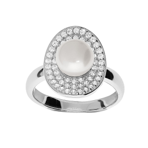 BAGUE ARGENT RHODIÉ PERLE DE CULTURE D'EAU DOUCE BLANCHE 8MM CONTOUR OXYDES BLANCS