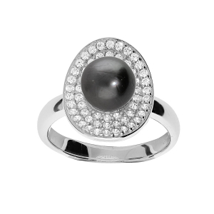 BAGUE ARGENT RHODIÉ PERLE DE CULTURE DE TAHITI VÉRITABLE 7MM CONTOUR OXYDES BLANCS
