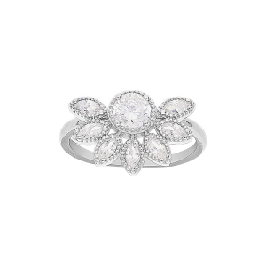 BAGUE ARGENT RHODIÉ DEMI FLEUR OXYDES BLANCS SERTIS
