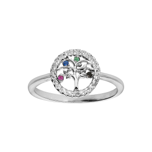BAGUE ARGENT RHODIÉ ARBRE DE VIE MULTI COULEURS CONTOUR OXYDES BLANCS SERTIS