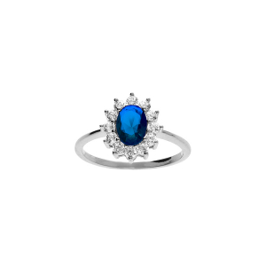 BAGUE ARGENT RHODIÉ OXYDE CENTRAL BLEU FONCE (11 MM X 9 MM) CONTOUR OXYDES BLANCS
