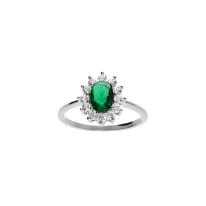 BAGUE ARGENT RHODIÉ PIERRE CENTRALE VERT (11 MM X 9 MM) CONTOUR PIERRES BLANCHES