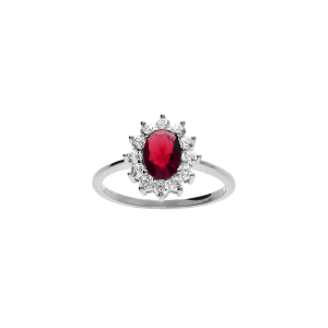 BAGUE ARGENT RHODIÉ PIERRE CENTRALE ROUGE (11 MM X 9 MM) CONTOUR PIERRES BLANCHES