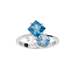 BAGUE ARGENT RHODIÉ 3 OXYDES BLEUS ET BLANC SERTIS