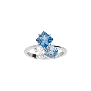 BAGUE ARGENT RHODIÉ 3 OXYDES BLEUS ET BLANC SERTIS