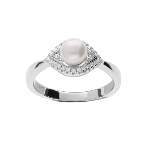 BAGUE ARGENT RHODIÉ PERLE DE CULTURE D'EAU DOUCE BLANCHE 6MM  ET OXYDES BLANCS SERTIS