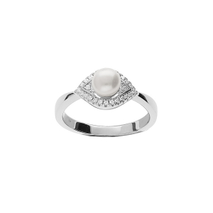 BAGUE ARGENT RHODIÉ PERLE DE CULTURE D'EAU DOUCE BLANCHE 6MM  ET OXYDES BLANCS SERTIS
