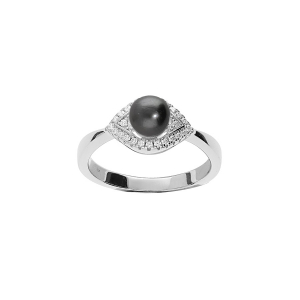 BAGUE ARGENT RHODIÉ PERLE DE CULTURE DE TAHITI 7MM  ET OXYDES BLANCS SERTIS