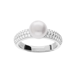 BAGUE ARGENT RHODIÉ SOLITAIRE PERLE DE CULTURE D'EAU DOUCE ET OXYDES BLANCS SERTIS