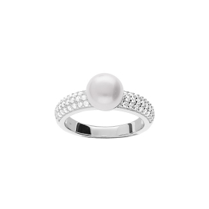 BAGUE ARGENT RHODIÉ SOLITAIRE PERLE DE CULTURE D'EAU DOUCE ET OXYDES BLANCS SERTIS