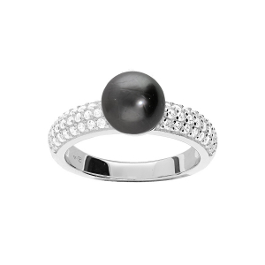 BAGUE ARGENT RHODIÉ SOLITAIRE PERLE DE CULTURE DE TAHITI  VÉRITABLE ET OXYDES BLANCS SERTIS