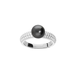 BAGUE ARGENT RHODIÉ SOLITAIRE PERLE DE CULTURE DE TAHITI  VÉRITABLE ET OXYDES BLANCS SERTIS