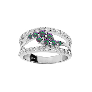 BAGUE ARGENT RHODIÉ 2 RANGS OXYDES BLANCS SERTIS ET VAGUE OXYDES MYSTIQUE ARC EN CIEL SERTIS