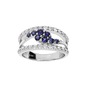BAGUE ARGENT RHODIÉ 2 RANGS OXYDES BLANCS SERTIS ET VAGUE OXYDES BLEUS SERTIS