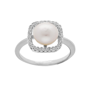 BAGUE ARGENT RHODIÉ CARRÉ OXYDES BLANCS AVEC PERLE DE CULTURE D'EAU DOUCE BLANCHE