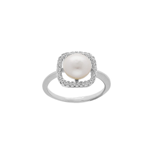 BAGUE ARGENT RHODIÉ CARRÉ OXYDES BLANCS AVEC PERLE DE CULTURE D'EAU DOUCE BLANCHE