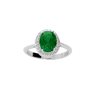 BAGUE ARGENT RHODIÉ PIERRE CENTRALE VERTE SYNTHETIQUE ET CONTOUR OXYDES BLANCS SERTIS