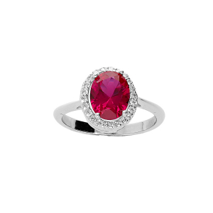 BAGUE ARGENT RHODIÉ PIERRE CENTRALE ROUGE SYNTHETIQUE ET CONTOUR OXYDES BLANCS SERTIS