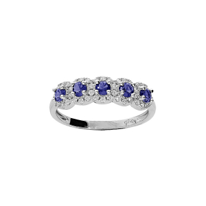BAGUE ARGENT RHODIÉ 5 PIERRES BLEUES SYNTHETIQUE ET CONTOUR OXYDES BLANCS SERTIS