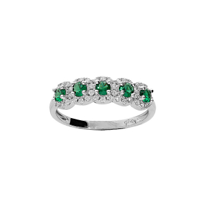 BAGUE ARGENT RHODIÉ 5 PIERRES VERTES SYNTHETIQUE ET CONTOUR OXYDES BLANCS SERTIS