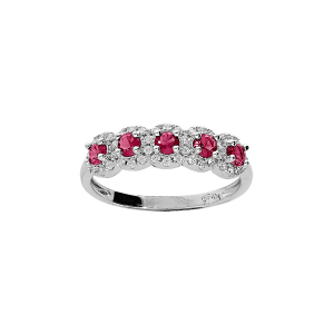 BAGUE ARGENT RHODIÉ 5 PIERRES ROUGES SYNTHETIQUE ET CONTOUR OXYDES BLANCS SERTIS