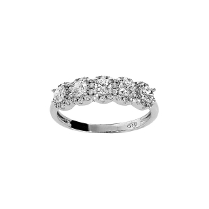 BAGUE ARGENT RHODIÉ 5 PIERRES BLANCHES SYNTHETIQUE ET CONTOUR OXYDES BLANCS SERTIS